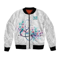 New Zealand Nurses RN Personalised Bomber Jacket Stethoscope Floral Maori Motif
