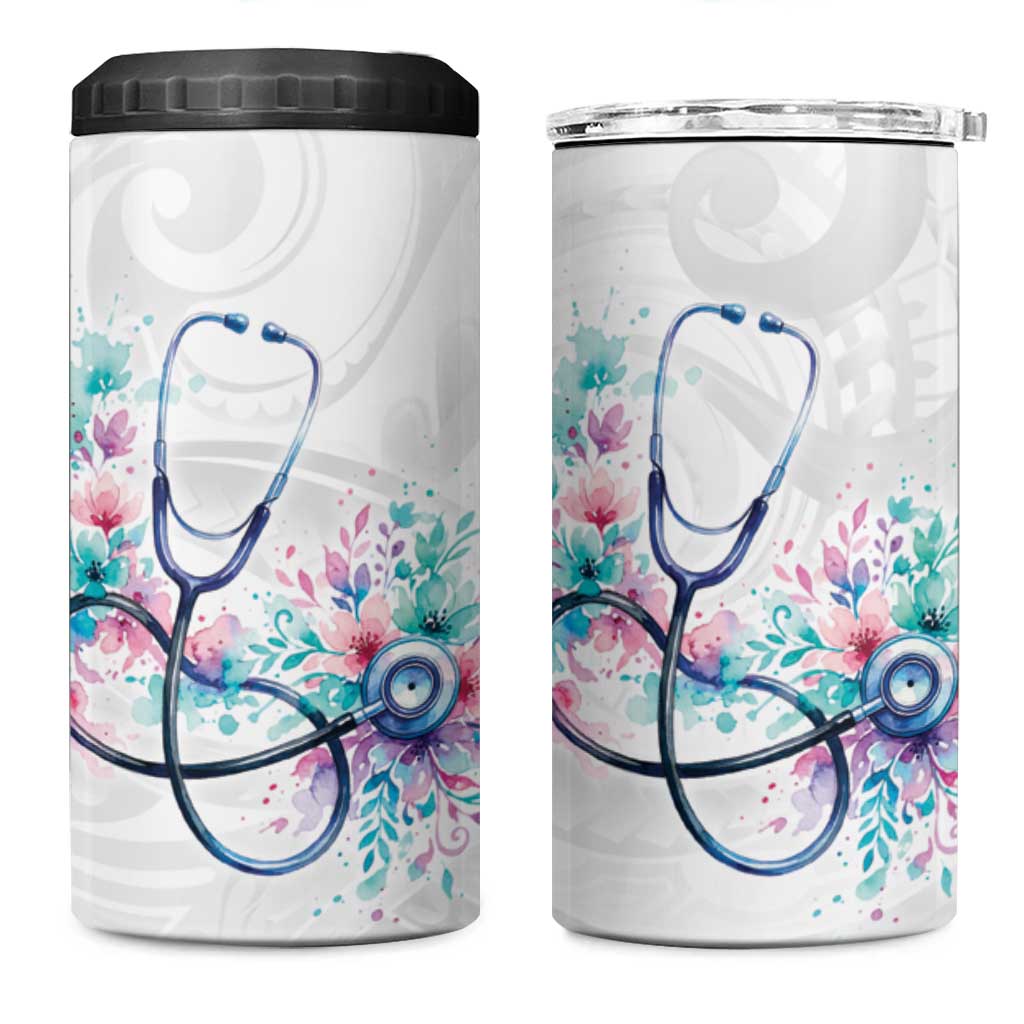 New Zealand Nurses RN Personalised 4 in 1 Can Cooler Tumbler Stethoscope Floral Maori Motif LT9 One Size: 16 oz White - Polynesian Pride