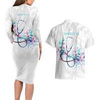 New Zealand Nurses RN Personalised Couples Matching Long Sleeve Bodycon Dress and Hawaiian Shirt Stethoscope Floral Maori Motif LT9 - Polynesian Pride
