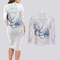 New Zealand Nurses RN Personalised Couples Matching Long Sleeve Bodycon Dress and Long Sleeve Button Shirt Stethoscope Floral Maori Motif LT9 - Polynesian Pride