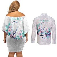 New Zealand Nurses RN Personalised Couples Matching Off Shoulder Short Dress and Long Sleeve Button Shirt Stethoscope Floral Maori Motif LT9 - Polynesian Pride