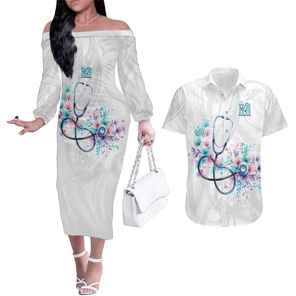 New Zealand Nurses RN Personalised Couples Matching Off The Shoulder Long Sleeve Dress and Hawaiian Shirt Stethoscope Floral Maori Motif