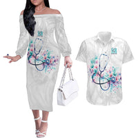 New Zealand Nurses RN Personalised Couples Matching Off The Shoulder Long Sleeve Dress and Hawaiian Shirt Stethoscope Floral Maori Motif LT9 White - Polynesian Pride