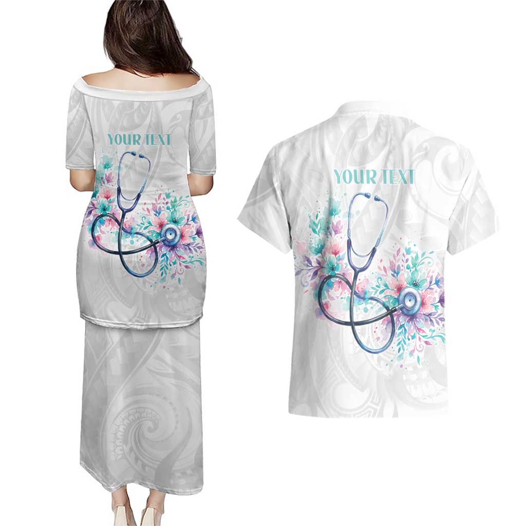New Zealand Nurses RN Personalised Couples Matching Puletasi and Hawaiian Shirt Stethoscope Floral Maori Motif LT9 - Polynesian Pride