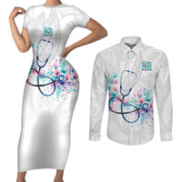 New Zealand Nurses RN Personalised Couples Matching Short Sleeve Bodycon Dress and Long Sleeve Button Shirt Stethoscope Floral Maori Motif LT9 White - Polynesian Pride
