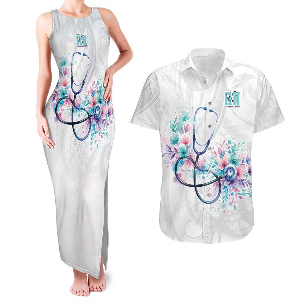 New Zealand Nurses RN Personalised Couples Matching Tank Maxi Dress and Hawaiian Shirt Stethoscope Floral Maori Motif LT9 White - Polynesian Pride