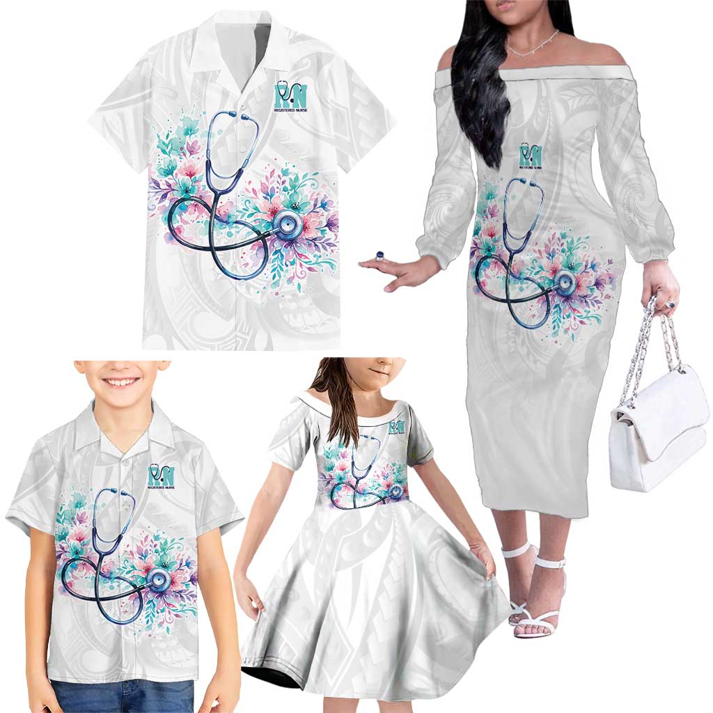 New Zealand Nurses RN Personalised Family Matching Off The Shoulder Long Sleeve Dress and Hawaiian Shirt Stethoscope Floral Maori Motif