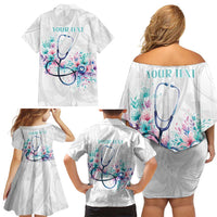 New Zealand Nurses RN Personalised Family Matching Off Shoulder Short Dress and Hawaiian Shirt Stethoscope Floral Maori Motif LT9 - Polynesian Pride