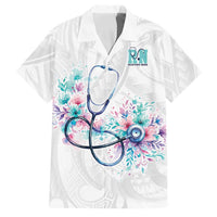 New Zealand Nurses RN Personalised Family Matching Puletasi and Hawaiian Shirt Stethoscope Floral Maori Motif LT9 Dad's Shirt - Short Sleeve White - Polynesian Pride