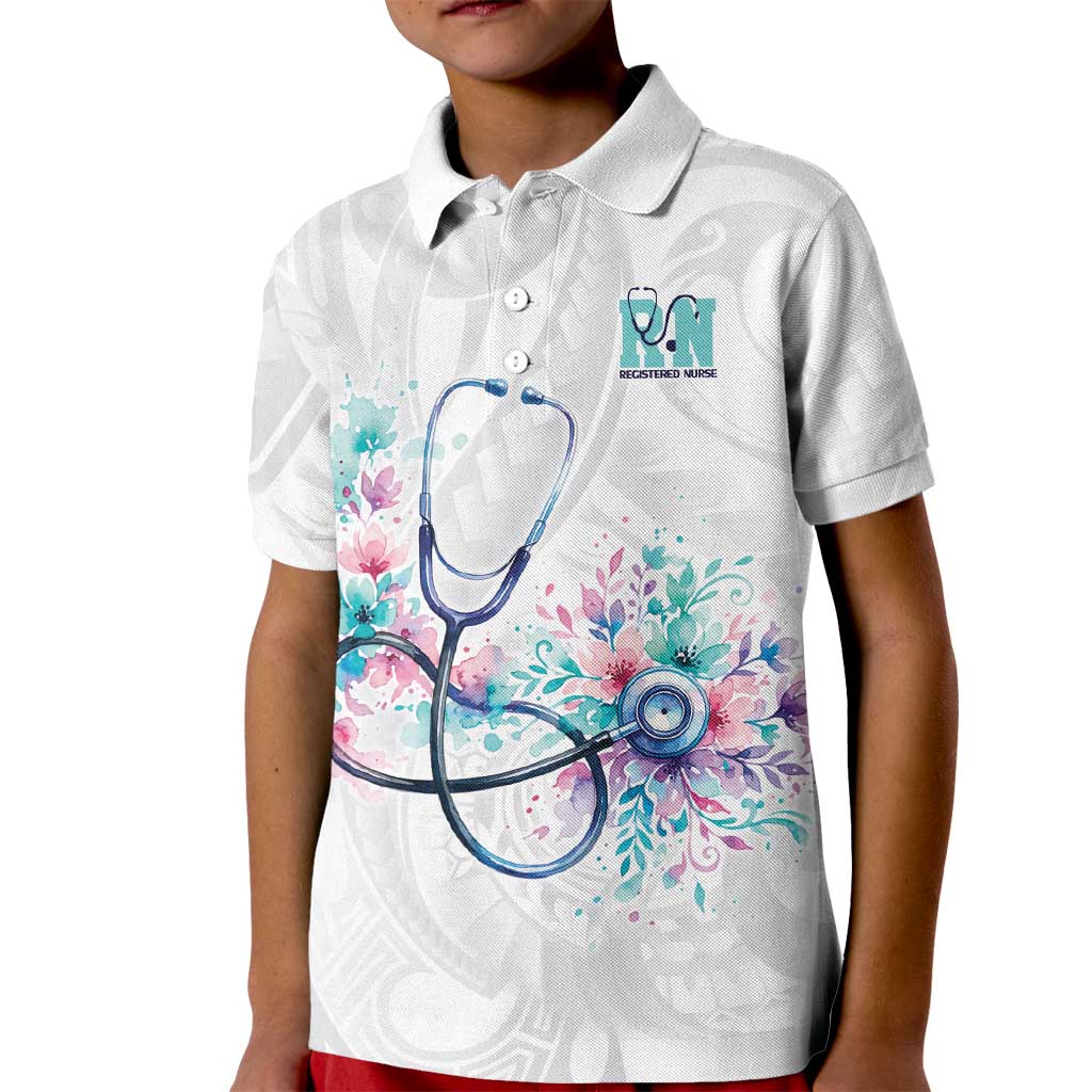 New Zealand Nurses RN Personalised Kid Polo Shirt Stethoscope Floral Maori Motif