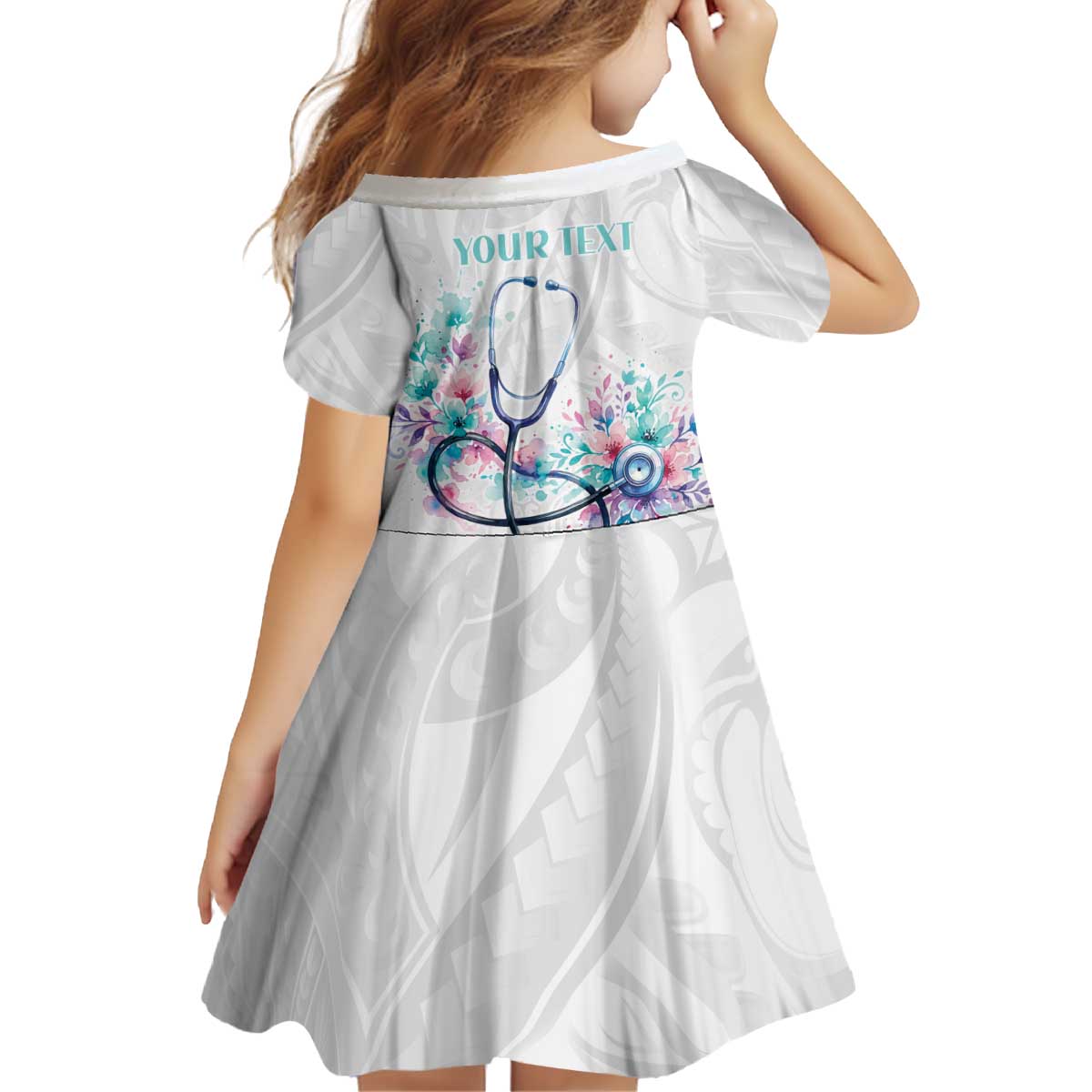 New Zealand Nurses RN Personalised Kid Short Sleeve Dress Stethoscope Floral Maori Motif
