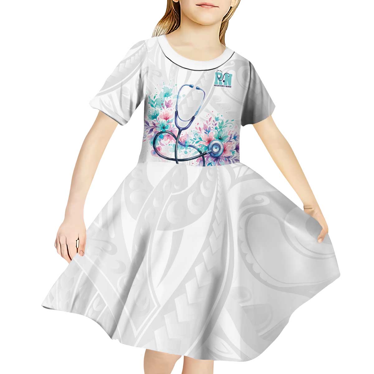 New Zealand Nurses RN Personalised Kid Short Sleeve Dress Stethoscope Floral Maori Motif