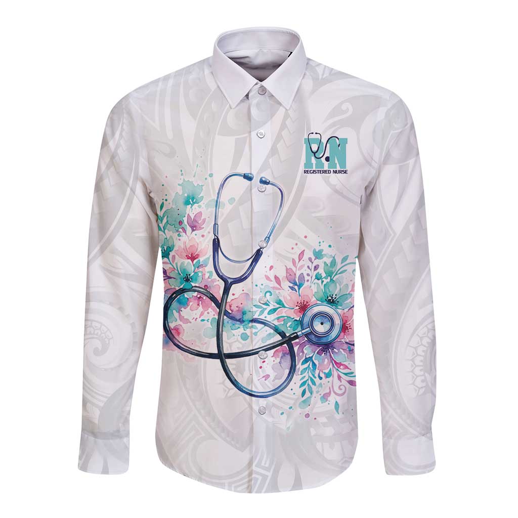 New Zealand Nurses RN Personalised Long Sleeve Button Shirt Stethoscope Floral Maori Motif