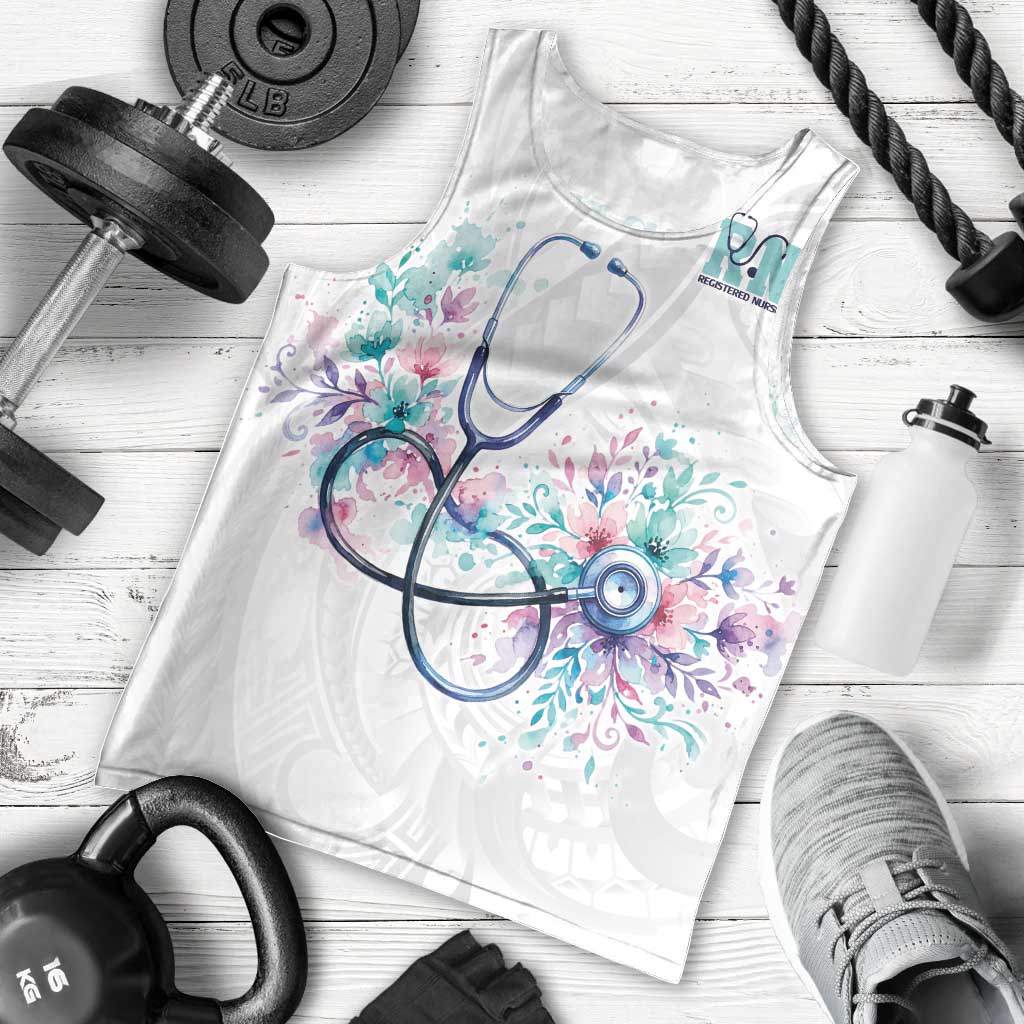 New Zealand Nurses RN Personalised Men Tank Top Stethoscope Floral Maori Motif