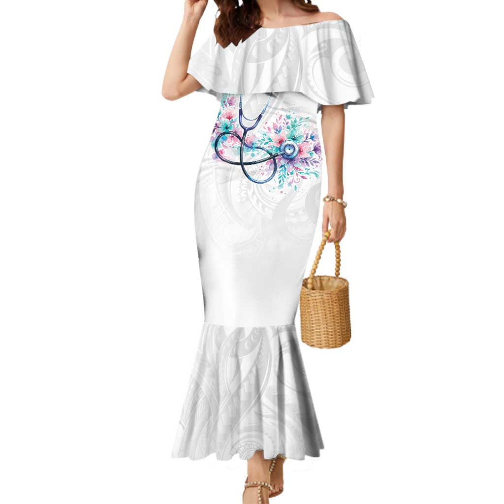 New Zealand Nurses RN Personalised Mermaid Dress Stethoscope Floral Maori Motif LT9 Women White - Polynesian Pride