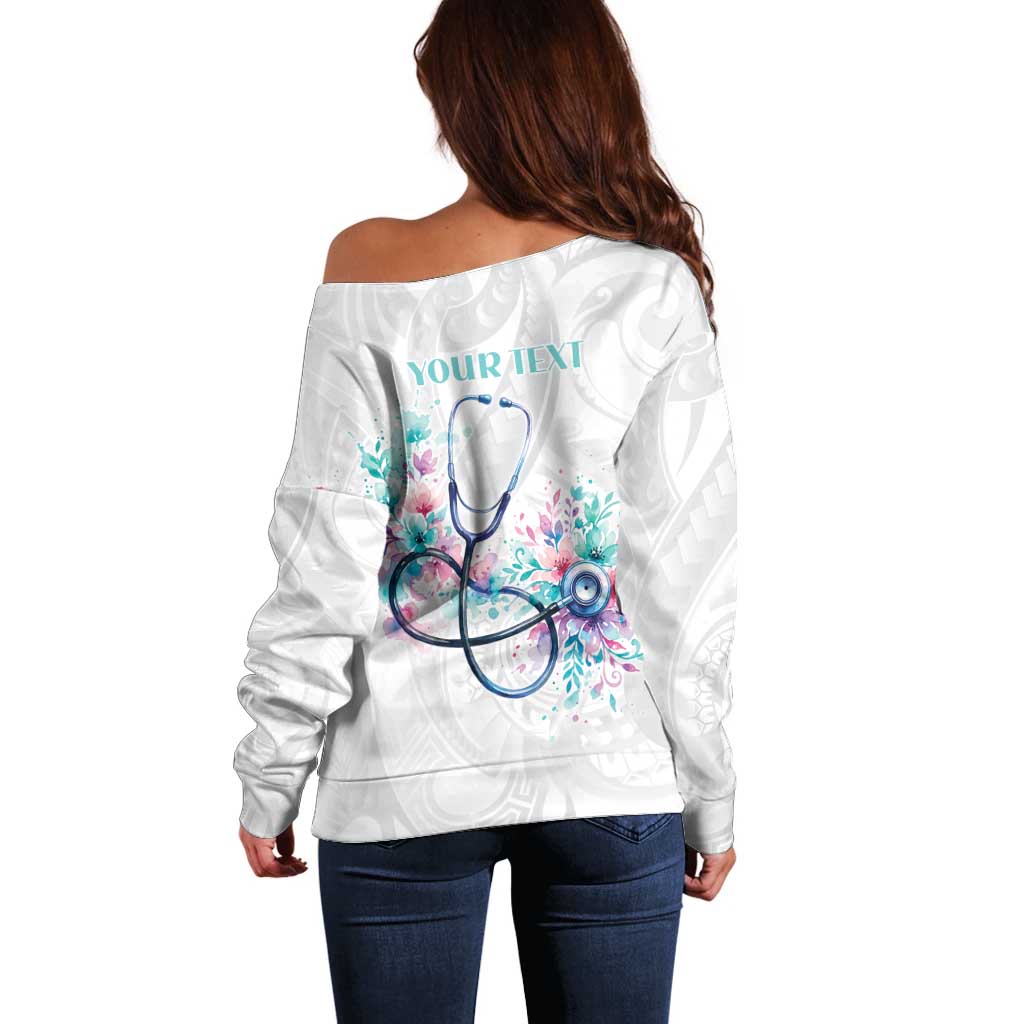 New Zealand Nurses RN Personalised Off Shoulder Sweater Stethoscope Floral Maori Motif
