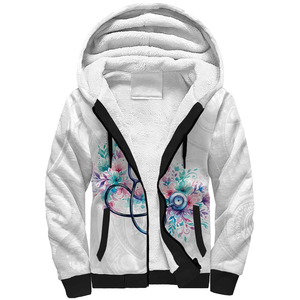 New Zealand Nurses RN Personalised Sherpa Hoodie Stethoscope Floral Maori Motif