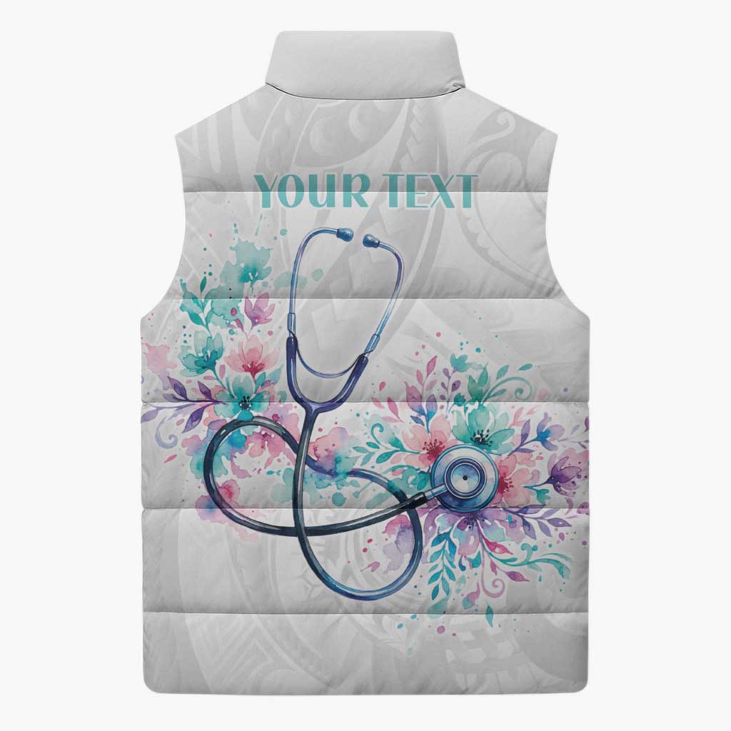 New Zealand Nurses RN Personalised Sleeveless Puffer Jacket Stethoscope Floral Maori Motif