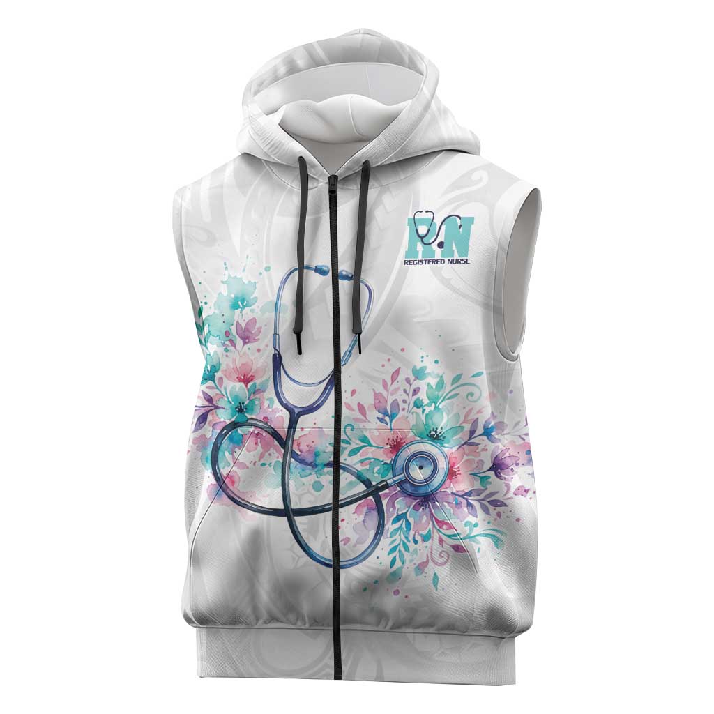 New Zealand Nurses RN Personalised Sleeveless Zip Hoodie Stethoscope Floral Maori Motif