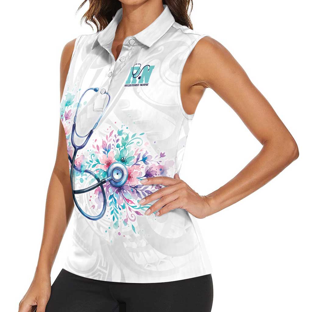 New Zealand Nurses RN Personalised Women Sleeveless Polo Shirt Stethoscope Floral Maori Motif LT9 - Polynesian Pride