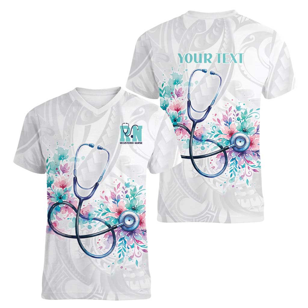 New Zealand Nurses RN Personalised Women V-Neck T-Shirt Stethoscope Floral Maori Motif LT9 - Polynesian Pride