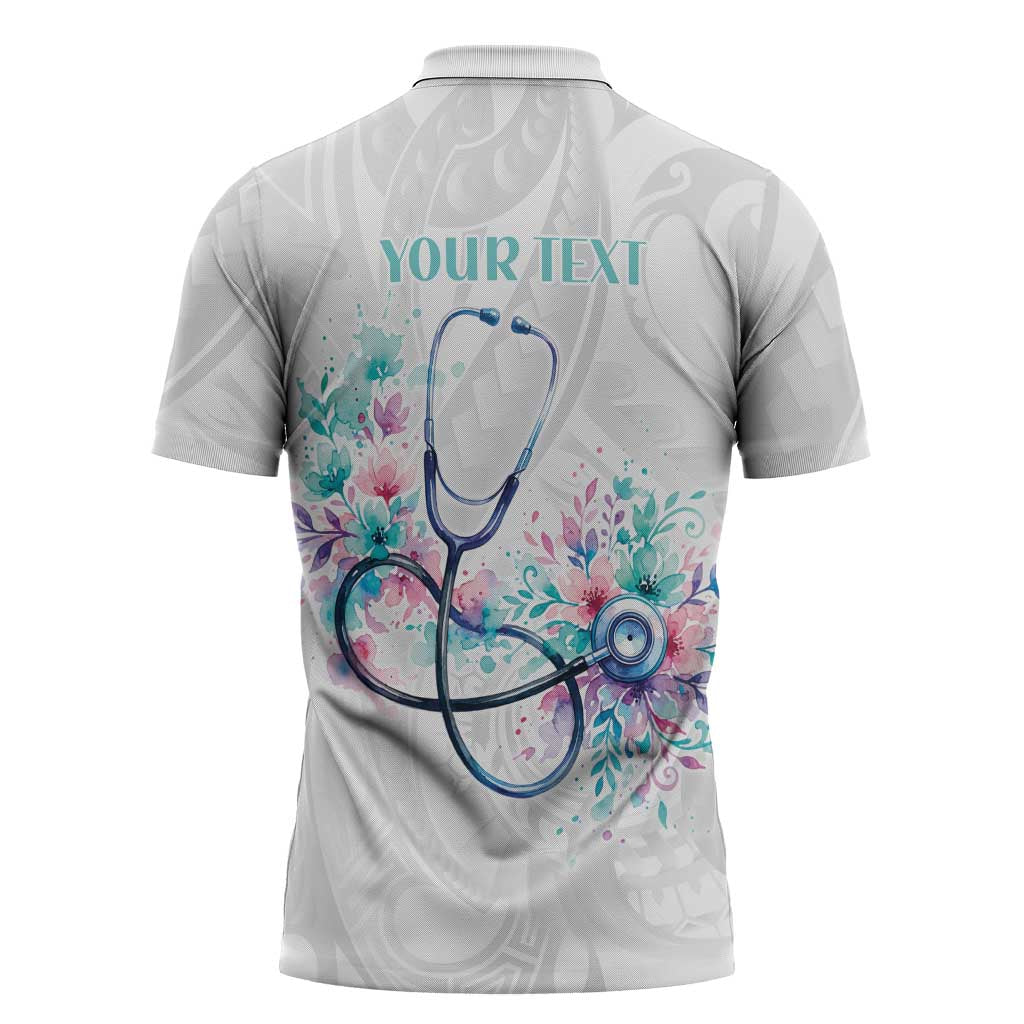 New Zealand Nurses RN Personalised Zipper Polo Shirt Stethoscope Floral Maori Motif