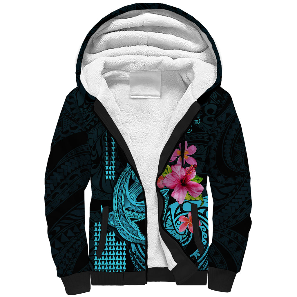Custom Polynesian Sherpa Hoodie Hawaiian Warriors with Tribal Shark Tattoos - Blue LT9 Unisex Blue - Polynesian Pride