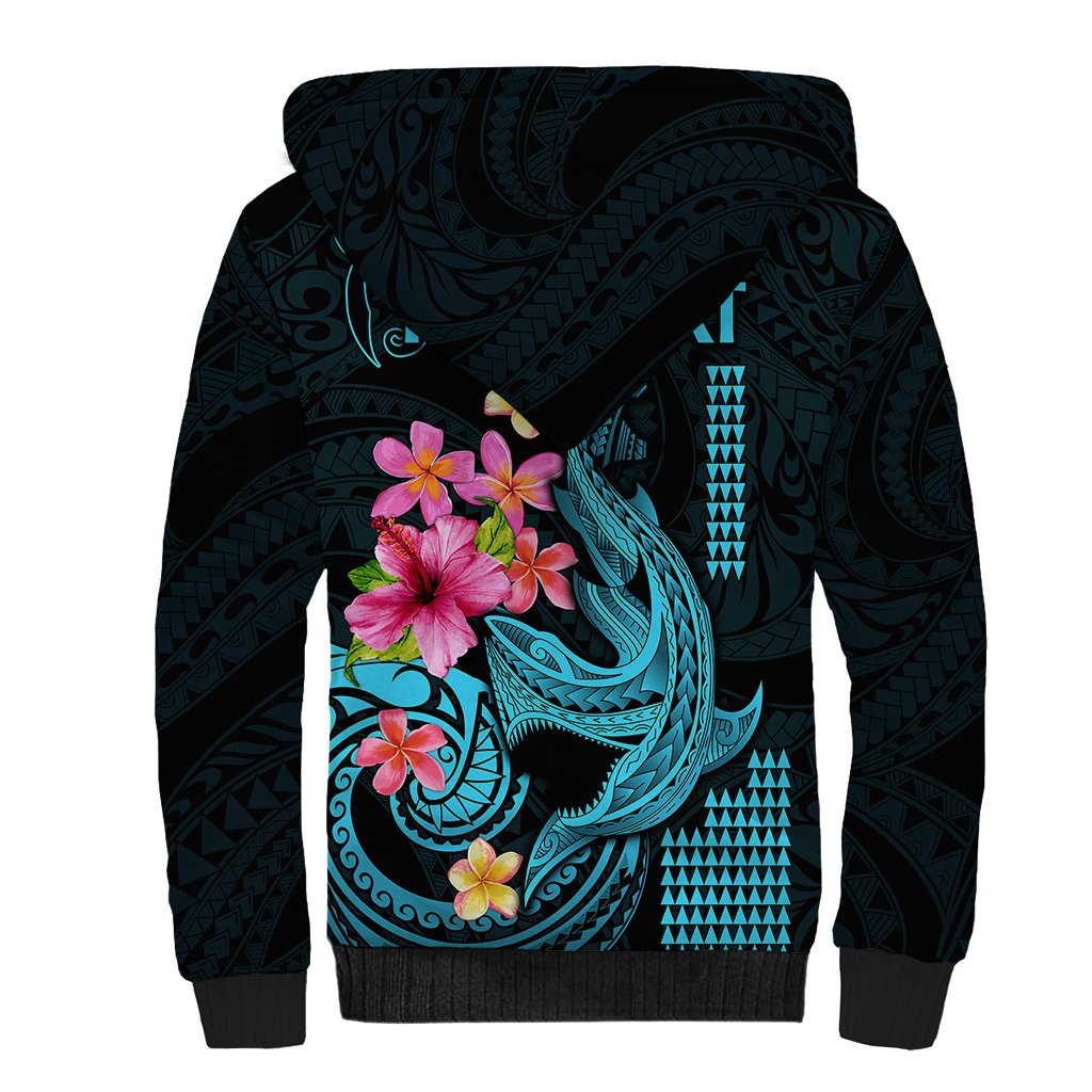 Custom Polynesian Sherpa Hoodie Hawaiian Warriors with Tribal Shark Tattoos - Blue LT9 - Polynesian Pride