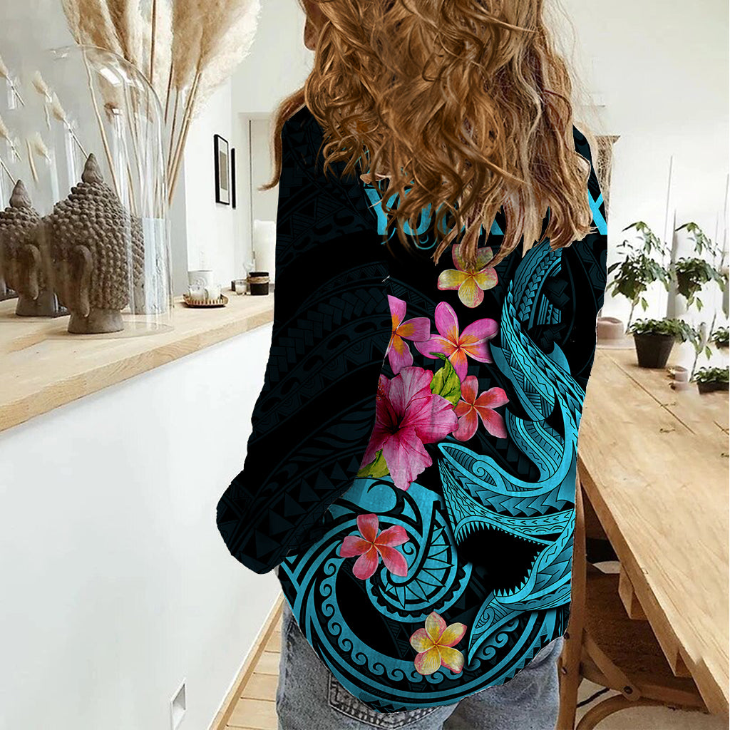 Custom Polynesian Women Casual Shirt Hawaiian Warriors with Tribal Shark Tattoos - Blue LT9 - Polynesian Pride