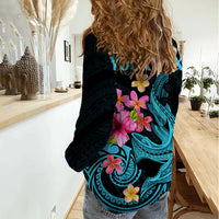 Custom Polynesian Women Casual Shirt Hawaiian Warriors with Tribal Shark Tattoos - Blue LT9 - Polynesian Pride