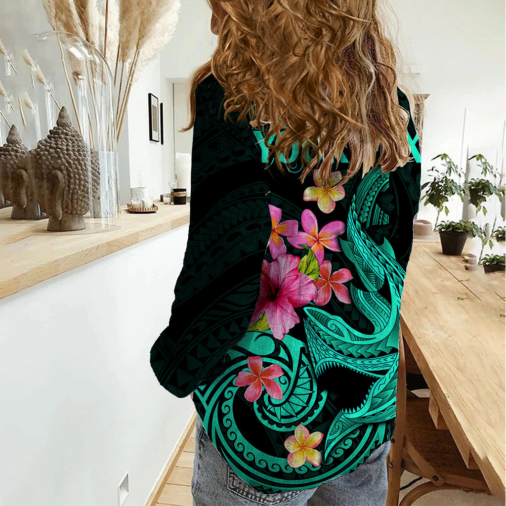 Custom Polynesian Women Casual Shirt Hawaiian Warriors with Tribal Shark Tattoos - Turquoise LT9 - Polynesian Pride