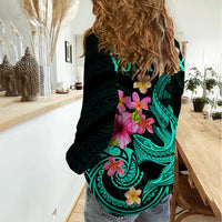 Custom Polynesian Women Casual Shirt Hawaiian Warriors with Tribal Shark Tattoos - Turquoise LT9 - Polynesian Pride