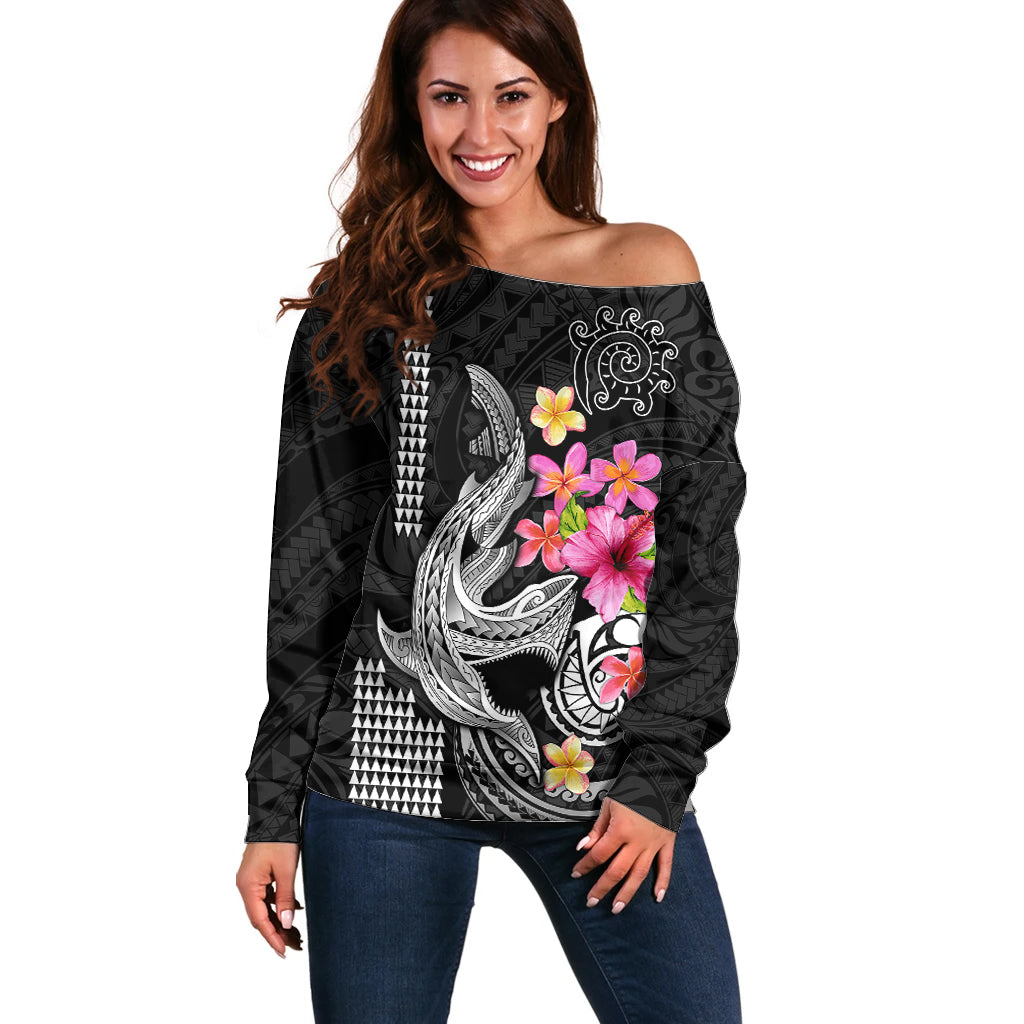 Custom Polynesian Off Shoulder Sweater Hawaiian Warriors with Tribal Shark Tattoos - White LT9 Women White - Polynesian Pride