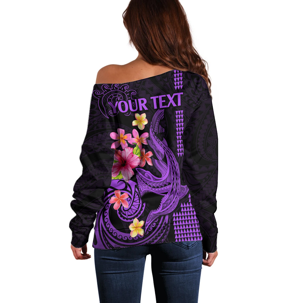 Custom Polynesian Off Shoulder Sweater Hawaiian Warriors with Tribal Shark Tattoos - Purple LT9 - Polynesian Pride
