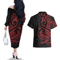 Tahitian Coat Of Arm and Tiare Flower Couples Matching Off The Shoulder Long Sleeve Dress and Hawaiian Shirt Polynesian Tribal Tattoo