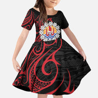 Tahitian Coat Of Arm and Tiare Flower Family Matching Off The Shoulder Long Sleeve Dress and Hawaiian Shirt Polynesian Tribal Tattoo LT9 Daughter's Dress Black - Polynesian Pride