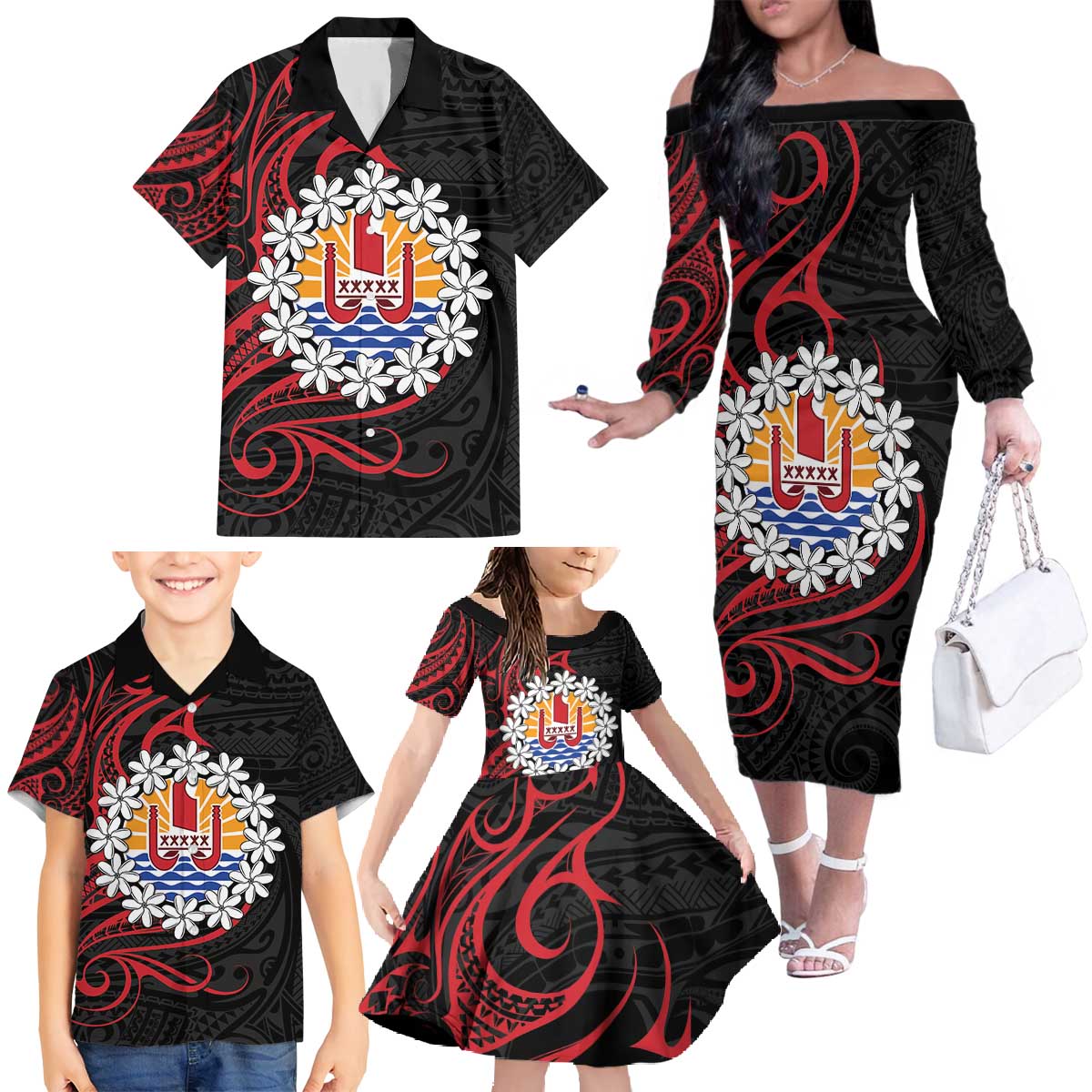Tahitian Coat Of Arm and Tiare Flower Family Matching Off The Shoulder Long Sleeve Dress and Hawaiian Shirt Polynesian Tribal Tattoo LT9 - Polynesian Pride