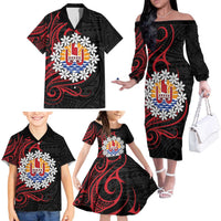 Tahitian Coat Of Arm and Tiare Flower Family Matching Off The Shoulder Long Sleeve Dress and Hawaiian Shirt Polynesian Tribal Tattoo LT9 - Polynesian Pride