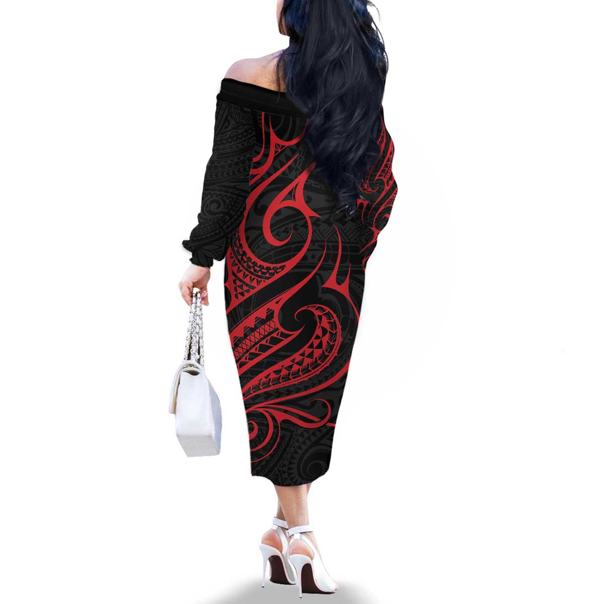 Tahitian Coat Of Arm and Tiare Flower Family Matching Off The Shoulder Long Sleeve Dress and Hawaiian Shirt Polynesian Tribal Tattoo LT9 - Polynesian Pride