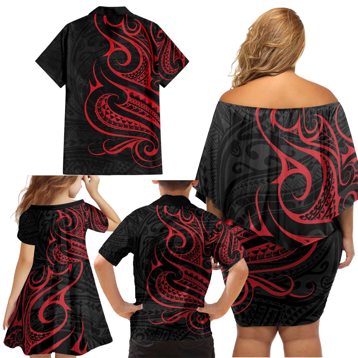 Tahitian Coat Of Arm and Tiare Flower Family Matching Off Shoulder Short Dress and Hawaiian Shirt Polynesian Tribal Tattoo LT9 - Polynesian Pride