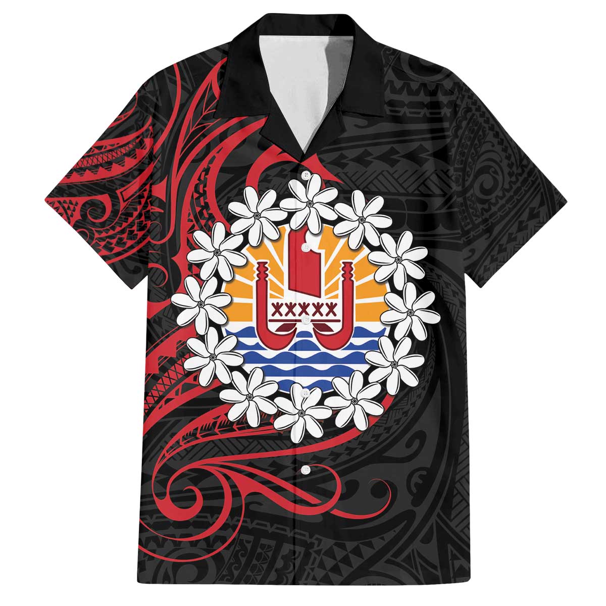Tahitian Coat Of Arm and Tiare Flower Family Matching Off Shoulder Short Dress and Hawaiian Shirt Polynesian Tribal Tattoo LT9 Dad's Shirt - Short Sleeve Black - Polynesian Pride