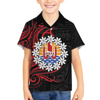 Tahitian Coat Of Arm and Tiare Flower Family Matching Off Shoulder Short Dress and Hawaiian Shirt Polynesian Tribal Tattoo LT9 Son's Shirt Black - Polynesian Pride