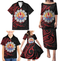 Tahitian Coat Of Arm and Tiare Flower Family Matching Puletasi and Hawaiian Shirt Polynesian Tribal Tattoo LT9 - Polynesian Pride
