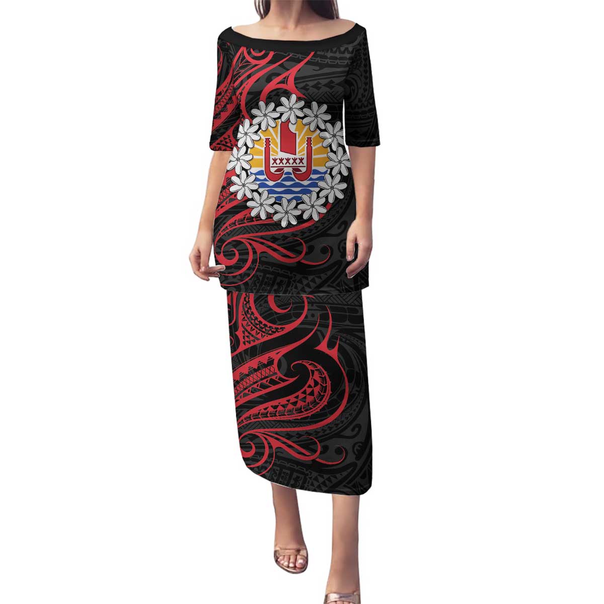 Tahitian Coat Of Arm and Tiare Flower Family Matching Puletasi and Hawaiian Shirt Polynesian Tribal Tattoo LT9 Mom's Dress Black - Polynesian Pride