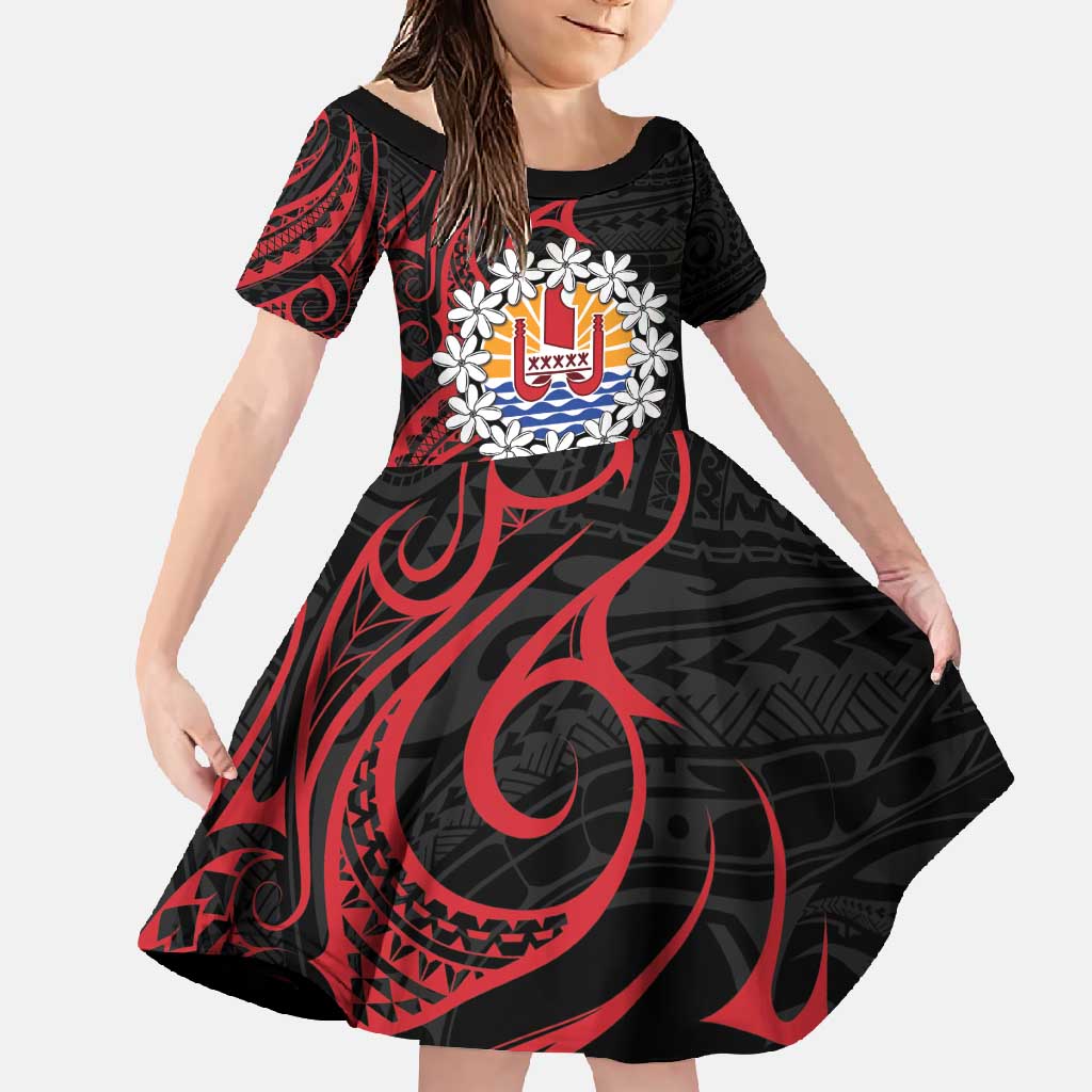 Tahitian Coat Of Arm and Tiare Flower Family Matching Tank Maxi Dress and Hawaiian Shirt Polynesian Tribal Tattoo LT9 Daughter's Dress Black - Polynesian Pride