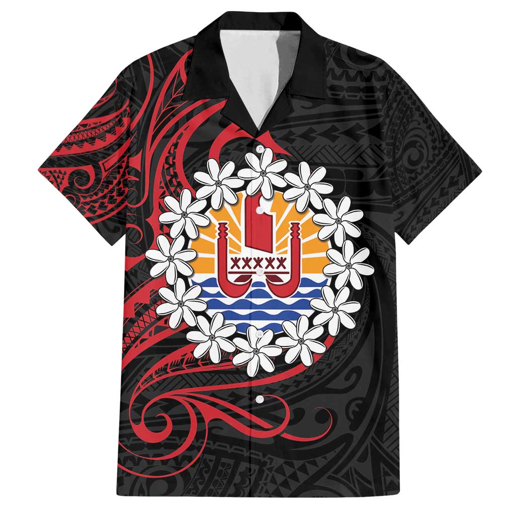 Tahitian Coat Of Arm and Tiare Flower Family Matching Tank Maxi Dress and Hawaiian Shirt Polynesian Tribal Tattoo LT9 Dad's Shirt - Short Sleeve Black - Polynesian Pride