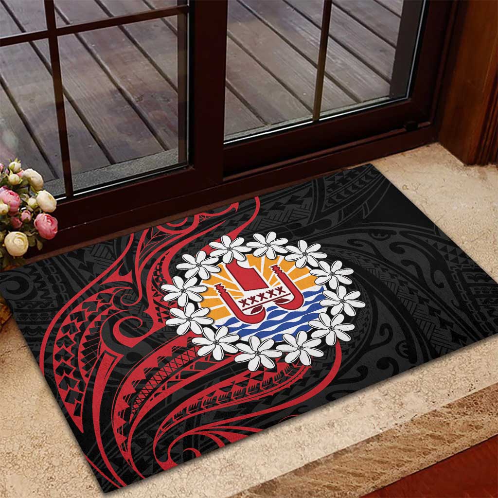 Tahitian Coat Of Arm and Tiare Flower Rubber Doormat Polynesian Tribal Tattoo