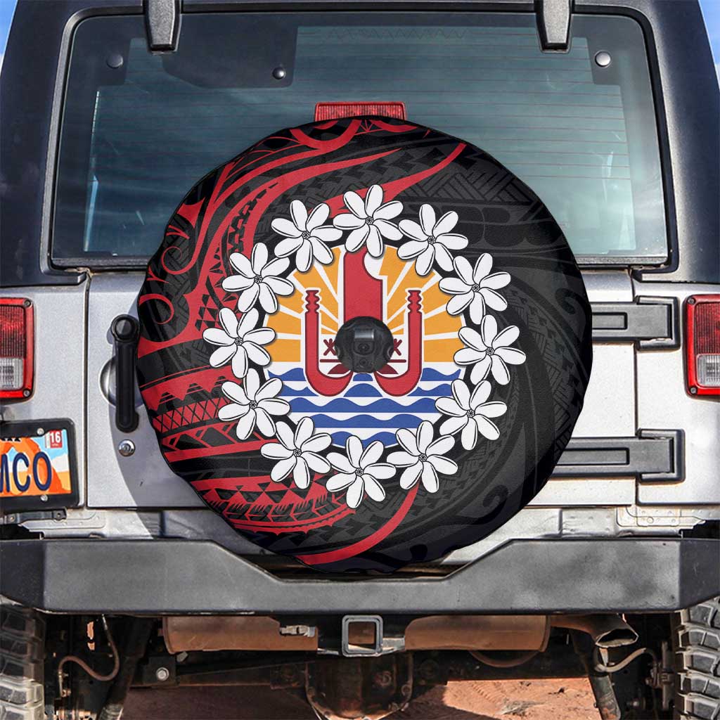 Tahitian Coat Of Arm and Tiare Flower Spare Tire Cover Polynesian Tribal Tattoo LT9 Black - Polynesian Pride