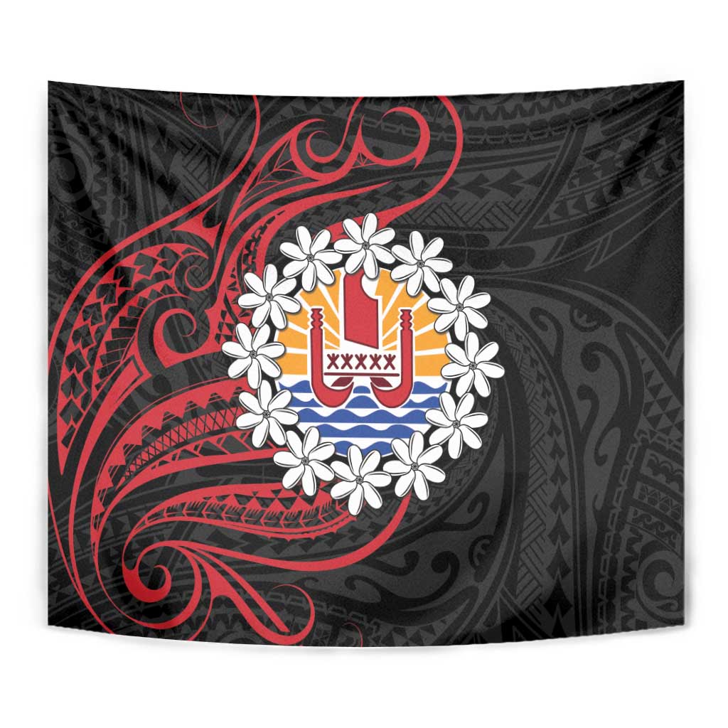 Tahitian Coat Of Arm and Tiare Flower Tapestry Polynesian Tribal Tattoo