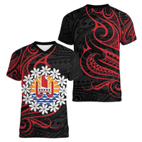 Tahitian Coat Of Arm and Tiare Flower Women V-Neck T-Shirt Polynesian Tribal Tattoo